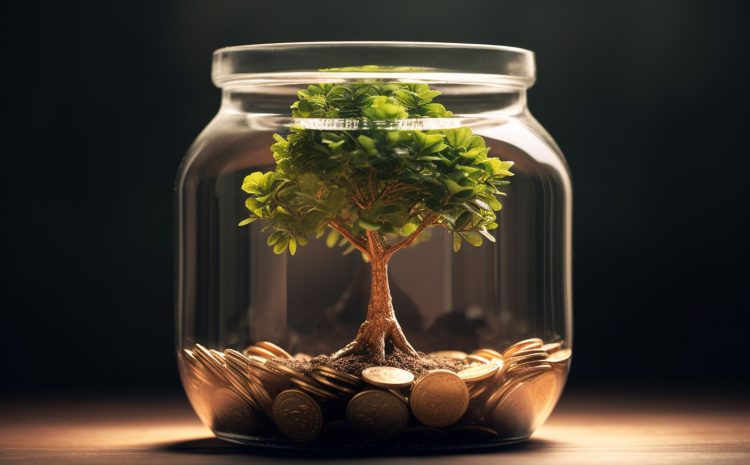 Investment concept with tree growing out of coins in a glass jar